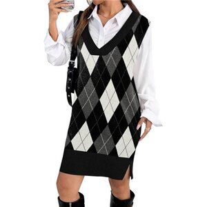 Women's Black Diamond Sweater Vest Dress Oversized Sleeveless Pullover V Neck